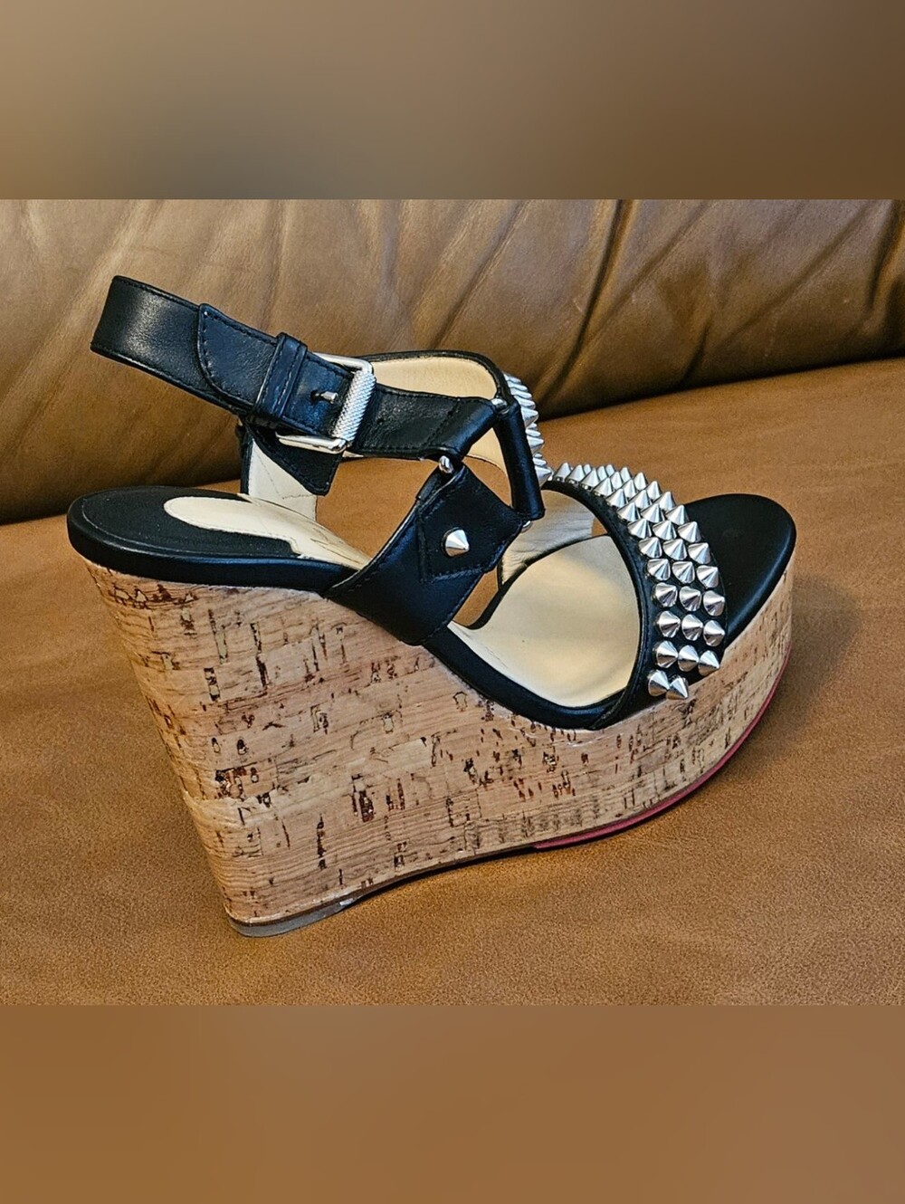 Christian Louboutin Black Leather Spikes-Studded Wedge Sandals Size 4.5 US - Picture 4 of 16